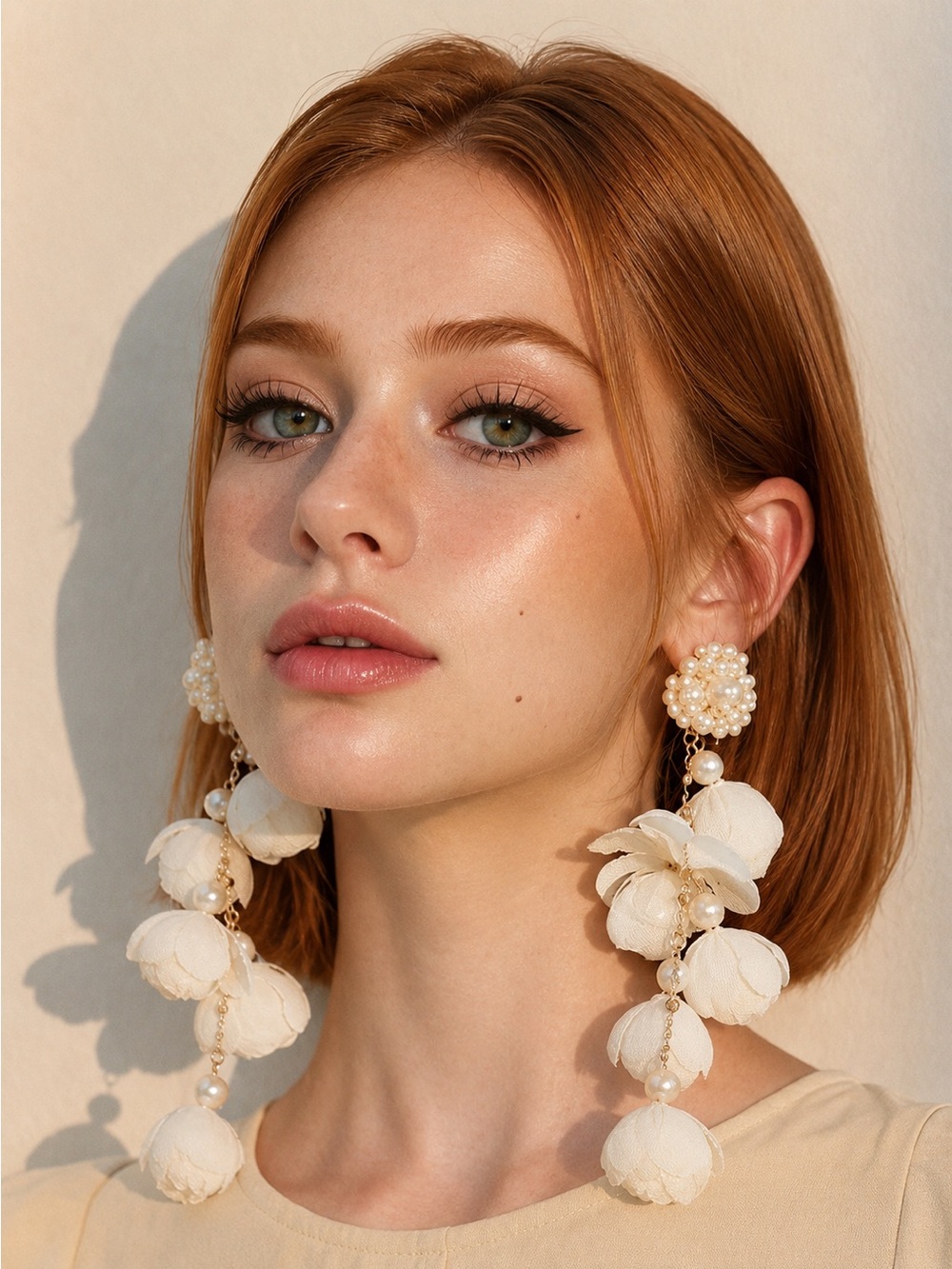 Anthropologie Cream Floral Drop Earrings with Pearl Clusters